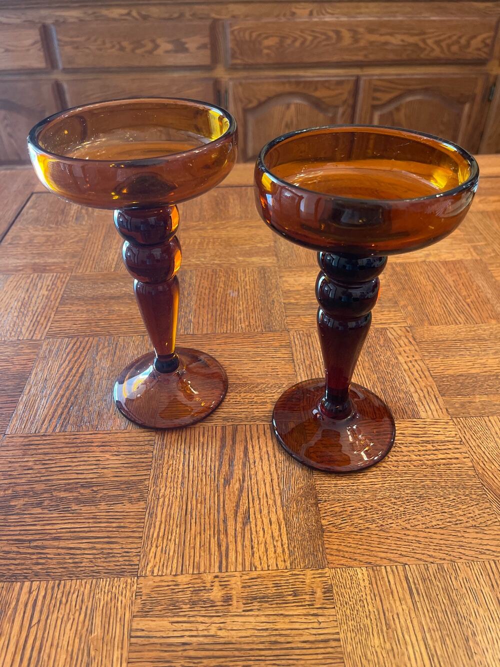 Vintage MCM Amber Glass Pedestal Candle Holders Pair Mid Century Compote Dishes